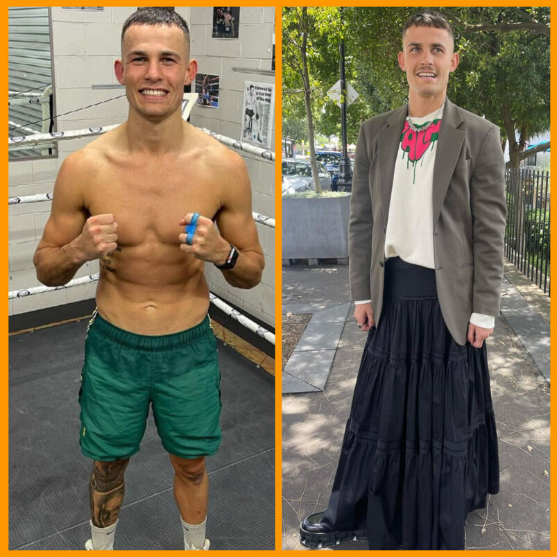 A side-by-side shot of Harry Garside in a shirtless selfie and wearing a blazer and skirt