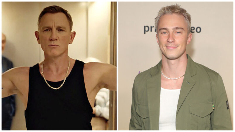 A composite image of Daniel Craig in a yank top and Drew Starkey