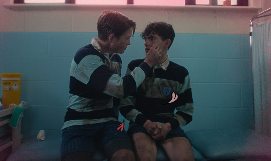 Kit COnnor and Joe Locke in 'Heartstopper,' wearing rugby polos covered in mud while sitting in a locker room.