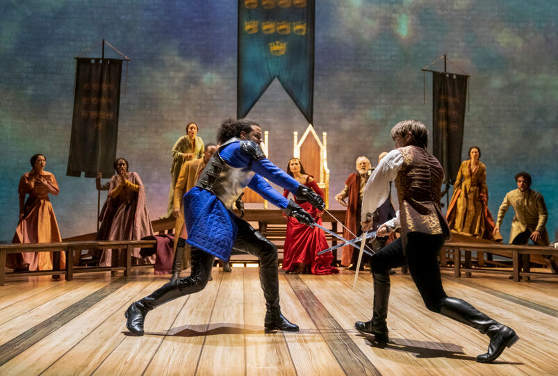 Lancelot and King Arthur engage in a sword fight in 'Camelot.'
