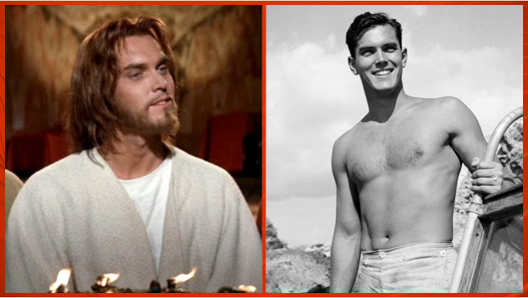 Jeffrey Hunter as Jesus in 'King Of Kings' and shirtless ioutside in a black-and-white image