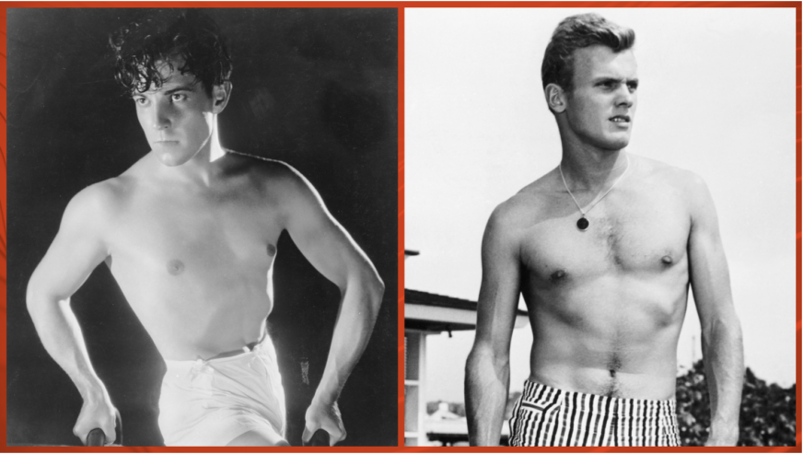 A diptych featuring black-and-white images of Ramon Novarro and Tab Hunter in swimsuits.