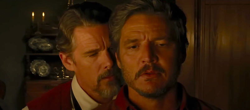 Ethan Hawke puts his face near Pedro pascal's in 'Strange Way Of Life'