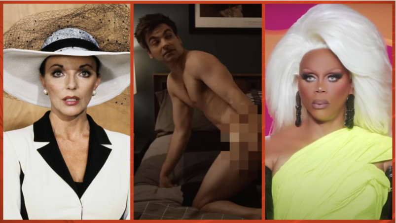 A triptych of Joan Collins in Dynasty, Drew Tarver in The Other Two, and RuPaul on Drag race