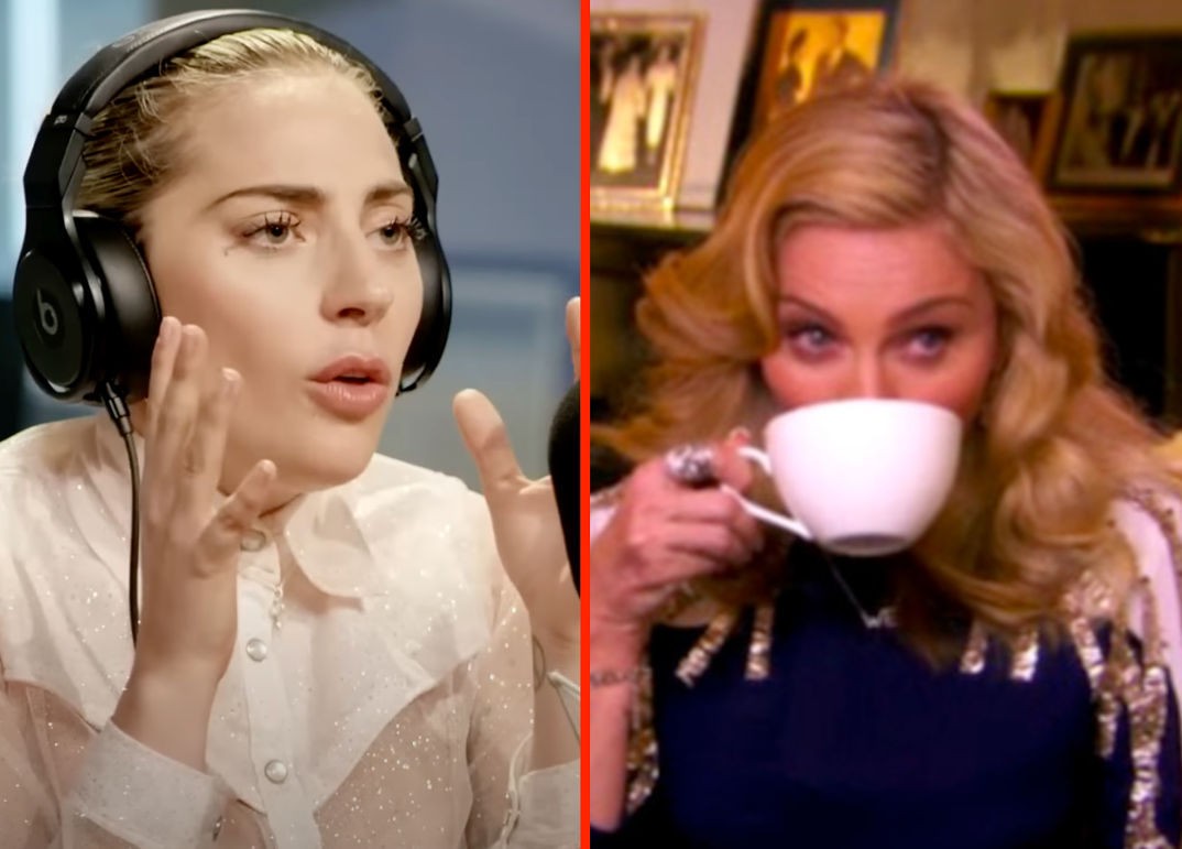 Side by side image of Lady Gaga wearing headphones and Madonna sipping a cup of tea