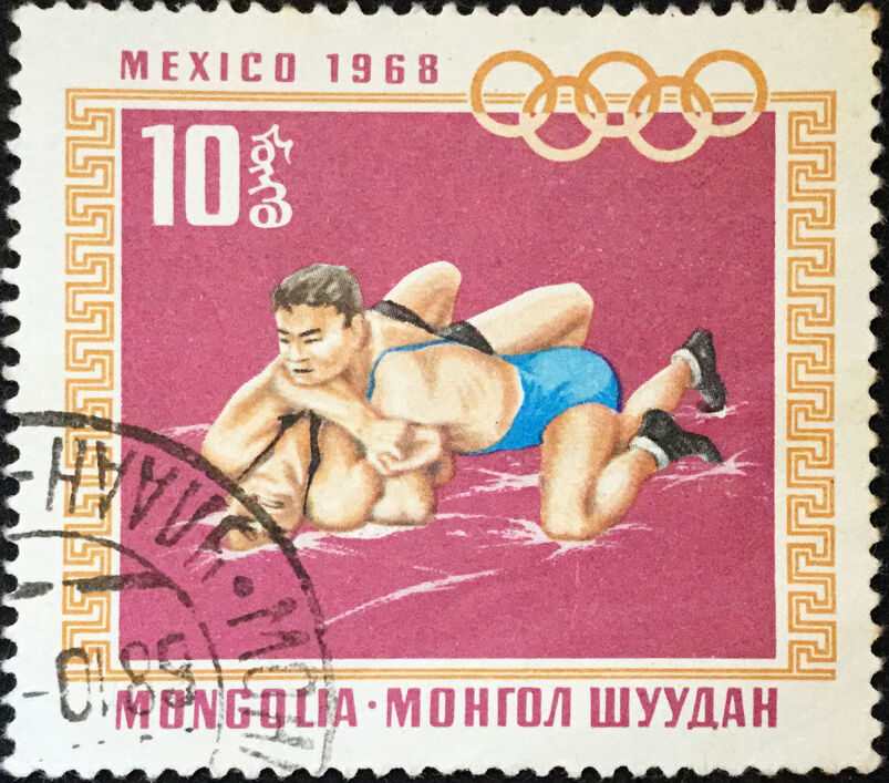 Mongolian used postage stamp dedicated to Wrestling in the 1968 Mexico City Olympic games.