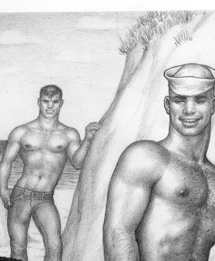 A drawing of a group of men cruising and undressing by the sea. 