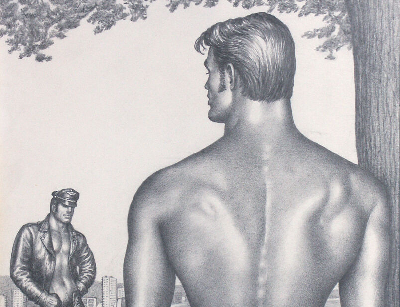 Drawing of naked man staring across at a muscle biker unzippering himself. 