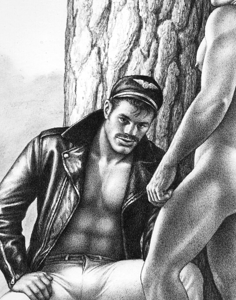 A drawing of a gay man with a leather jacket and cap sitting on a stomp with a nude man standing in front of him. 