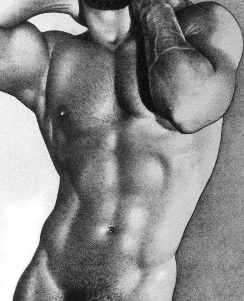 A drawing of a nude muscle man posing naked. 