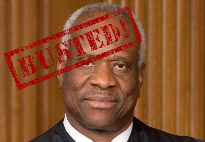 Clarence Thomas with a red stamp featuring the word "Busted" over his forehead.