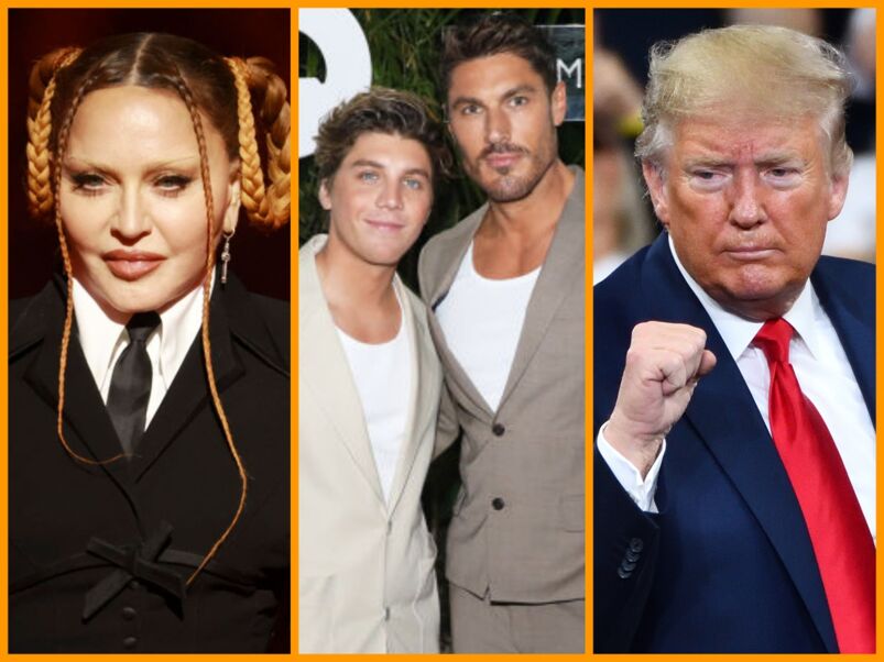 Madonna, Lukas Gage, Donald Trump in a side-by-side-by-side photo