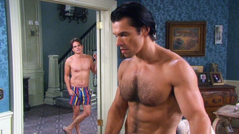 Xander and Leo are shirtless in a house on 'Days Of Our Lives'