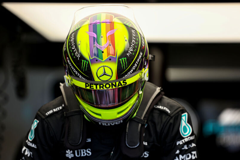 Lewis Hamilton's rainbow-striped racing helmet 