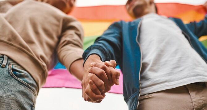 Two men hold hands and carry a rainbow flag