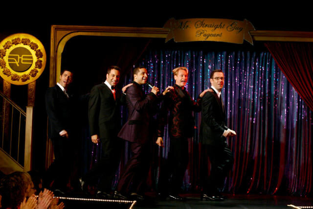 Kyan Douglas, Thom Filicia, Jai Rodriguez, Carson Kressley, and Ted Allen dance onstage in front of a sparkly curtain during 'Queer Eye's "Mr. Straight Guy Pageant."