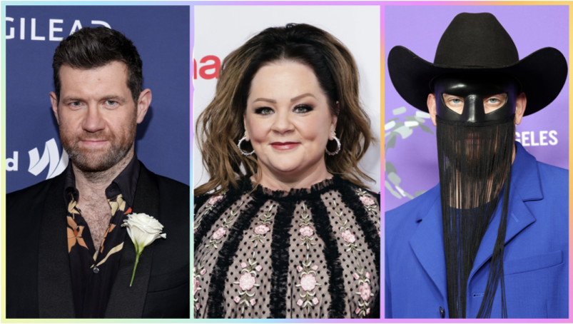 a triptych of red carpet photos of Billy Eichner (left), Melissa McCarthy (center), Orville Peck (right)
