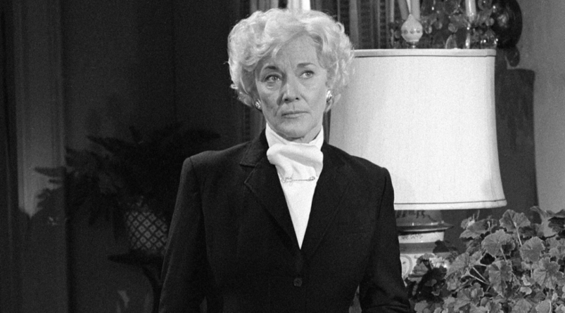 Jeanne Cooper wearing a black blazer and white turtleneck as Katherine Chancellor in 'The Young And The Restless' 
