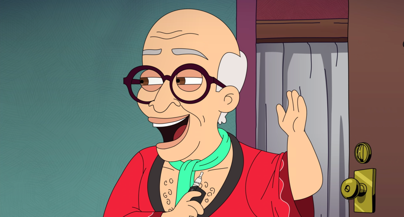 Jerome, an older gay man in a bathrobe and ascot, waves while holding a vape in a scene from animated series 'Big Mouth.'