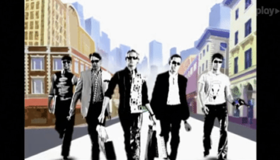 Jai Rodriguez, Thom Filicia, Carson Kressley, Ted Allen, and Kyan Douglas walk down an animated street wearing sunglasses in the opening credits for 'Queer Eye for the Straight Guy.'