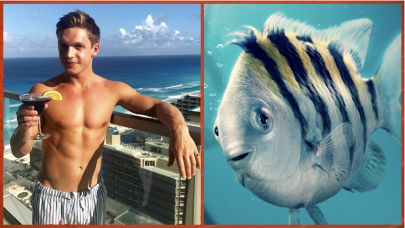 A dipytch, featuring dancer Chris George Scott shirtless and Flounder from 'The Little Mermaid'