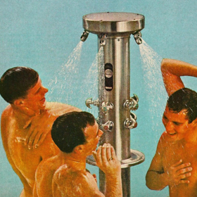 You cannot tell us these vintage group shower ads weren’t gay AF