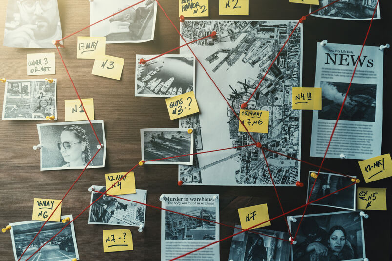 A board of a detective's mystery. 