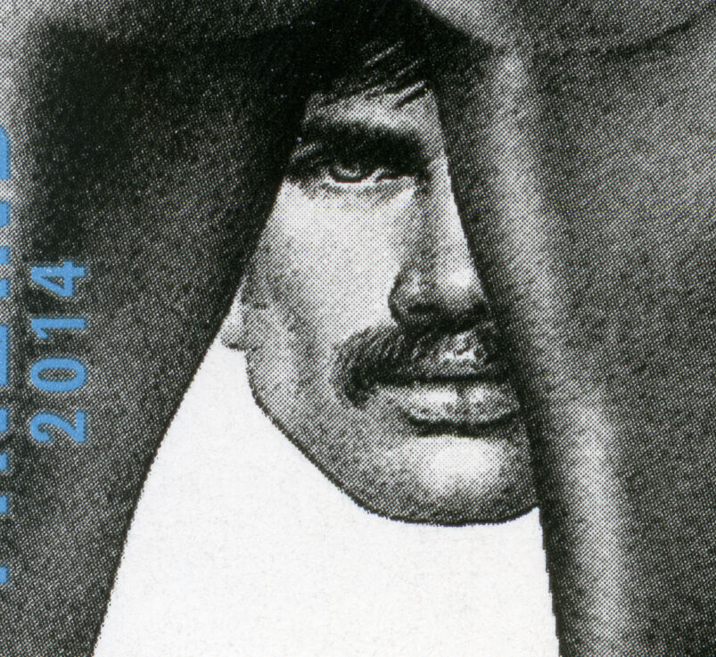A buttocks on a stamp inspired by Tom of Finland. 