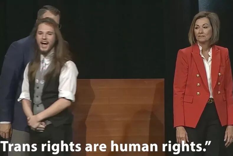 Student yells “Trans rights are human rights” in front of Iowa’s anti-trans governor