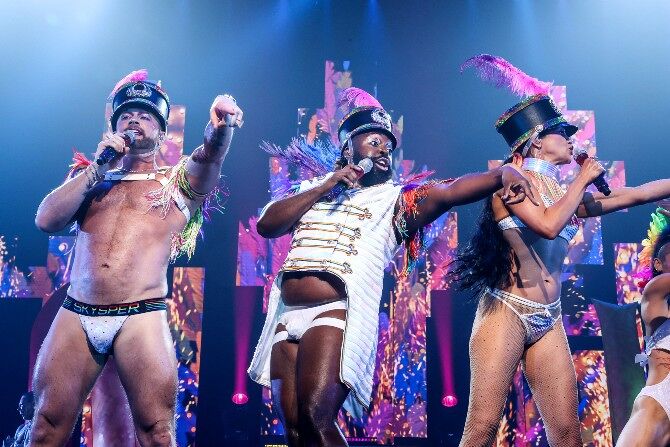 Marty Thomas, Mykal Kilgore and Alena Watters perform in the Broadway Bares finale