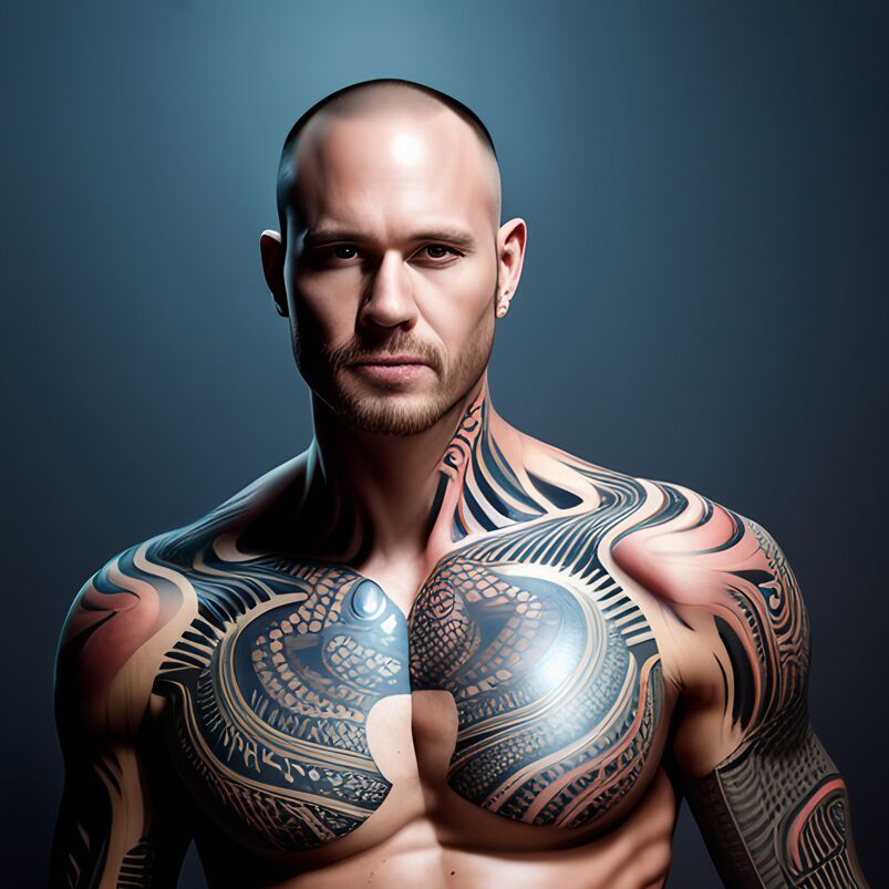 ai-generated picture of a fictional man with lots of tattoos named Binary Babe Brad