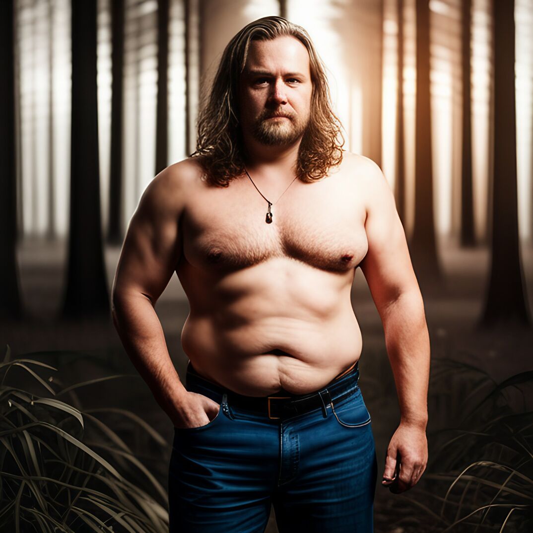 a larger man with a hairy chest and beard who could be described as a gay bear with long hair standing shirtless in the forest