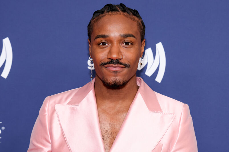 Dewayne Perkins wears a pink suit on the carpet for the GLAAD Media Awards