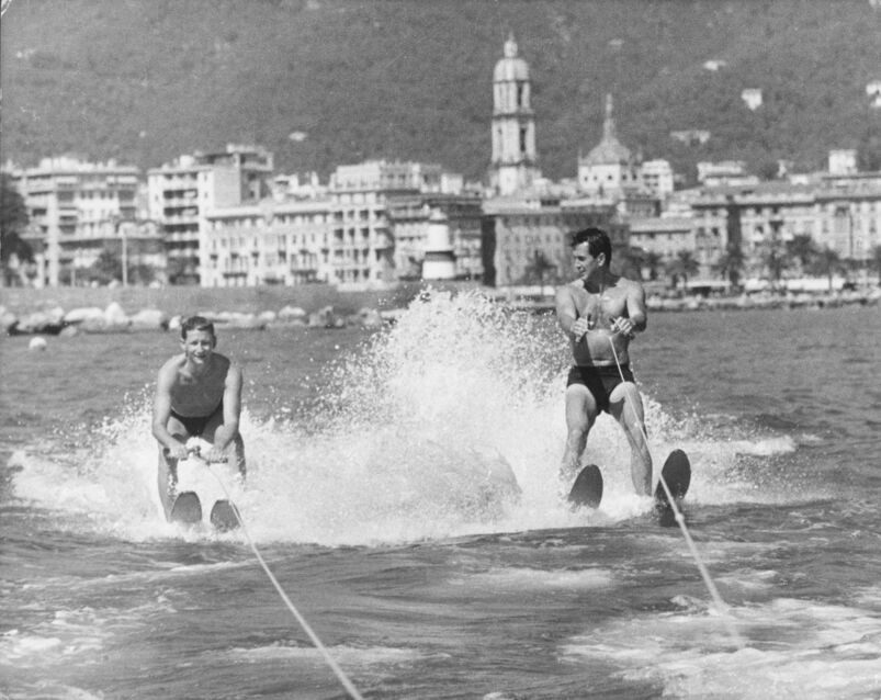 Rock Hudson, right, waterskiing near Portofino, Italy, 1960.
