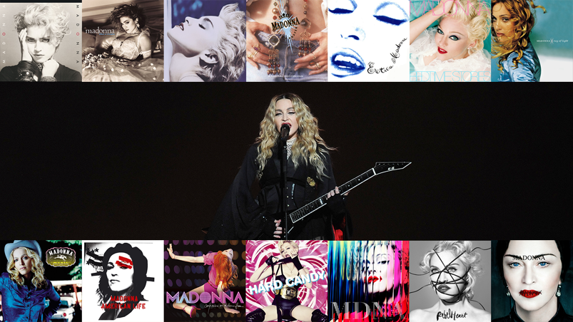 Madonna's 14 iconic music albums bordering a photo of her in concert playing a black guitar
