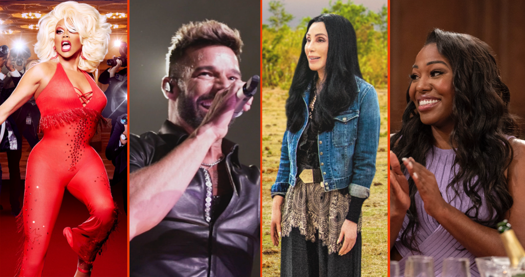 (l-r) RuPaul, Ricky Martin, Cher, and Laci Mosley. Photos courtesy of A24, Zoobs Ansari/Smithsonian, MTV, Paramount+