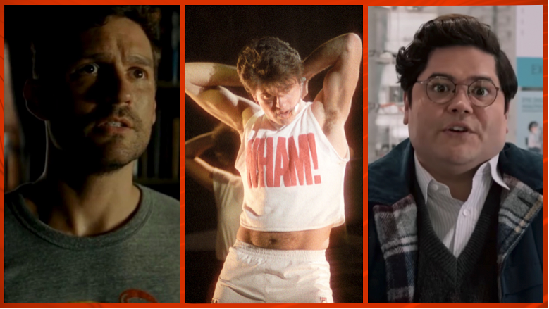 A triptych of Ben Aldridge in 'Knock At the Cabin,' George Michael in Wham!, and Harvey Guillén in 'What We Do In The Shadows'