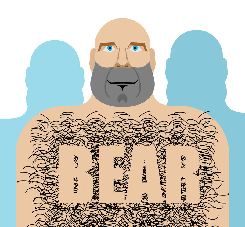 A cartoon of a bald man with a beard and the word "BEAR" trimmed in his hairy chest. 