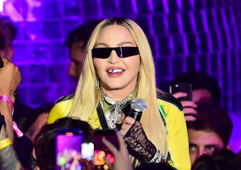 Madonna wearing sunglasses on stage