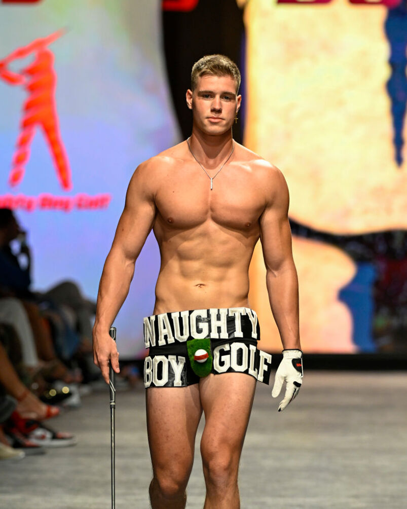Male model in Naughty Boy Golf swimsuit