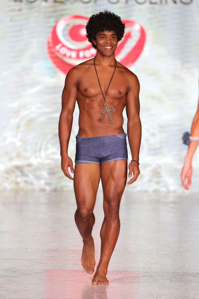 Male model in square-cut swimsuit