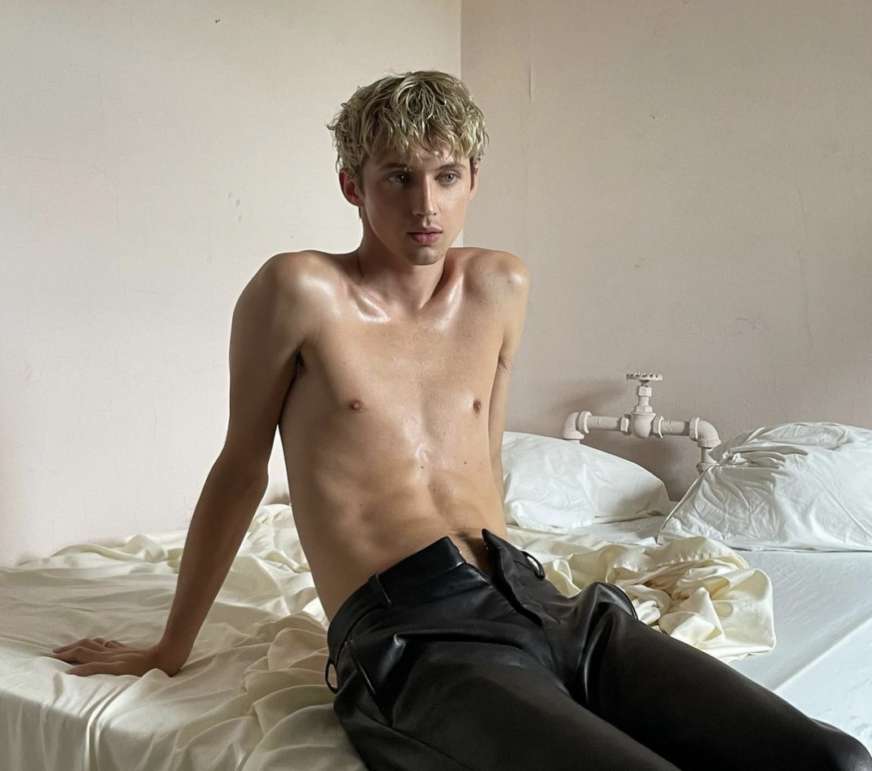 Troye Sivan poses shirtless in black leather pants on a bed.