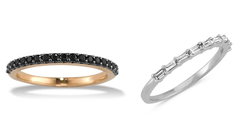 Shane Co. wedding bands in black sapphires and baguette diamonds.