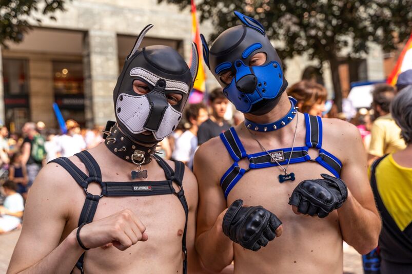 Two shirtless men with gay pup masks making closed fists like paws. 