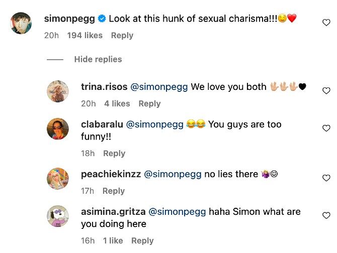 Simon Pegg responds to Zachary Quinto on Instagram