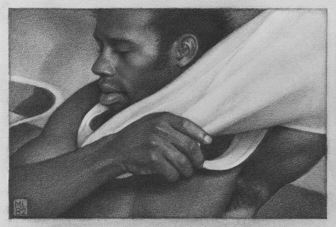 A man pulls on a singlet in a 1979 pencil drawing by Michael Leonard