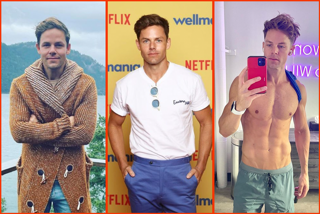 A photo collage of Lachlan Buchanan including one in front of a "Wellmania' step-and-repeat and another of him taking a shirtless selfie