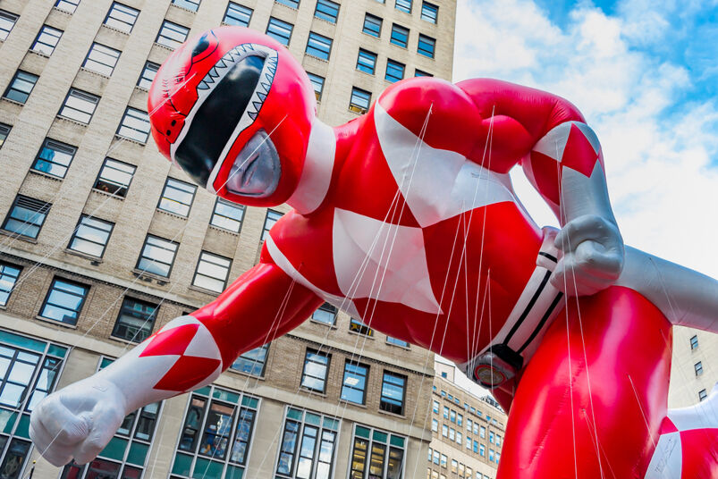 Red Power Ranger balloon is flown in Macy's Annual Thanksgiving Day Parade New York.