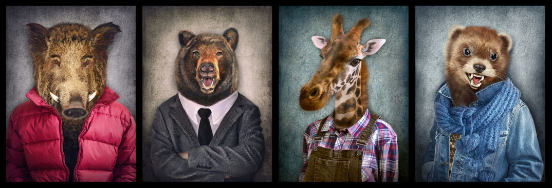 paintings of animals wearing human clothes including a boar, a bear, a giraffe, and an otter