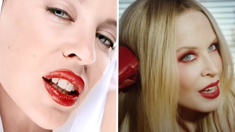 Two-panel image. On the left: Kylie Minogue with bright red lip stick glaring at the camera wearing a white hooded jumpsuit in "Can't Get You Out of my Head." On the right, Kylie Minogue with red lipstick and red eye shadow looks on with her head resting against a red-gloved hand in "Padam Padam."